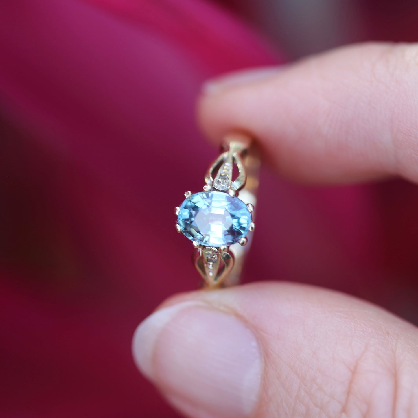 Oval Blue Zircon with Decorative Diamond Shoulders, size N or 6.75